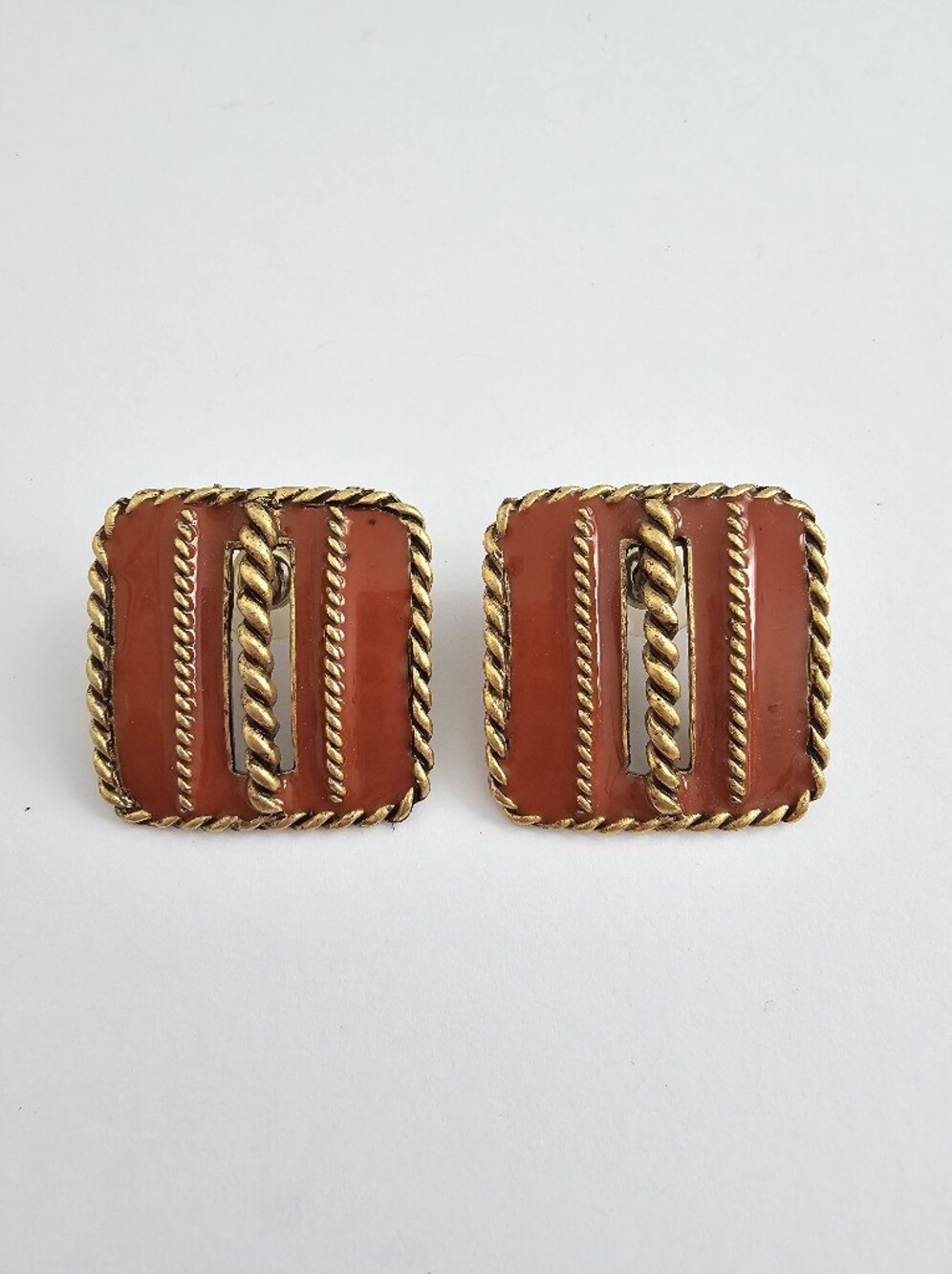 Vintage 1980s Terracotta Orange Enamel Square Rope Statement Button Earrings